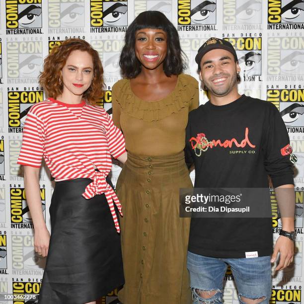 Fiona Dourif, Amanda Warren and Gabriel Chavarria attend the 'The Purge' Press Line during Comic-Con International 2018 at Hilton Bayfront on July...