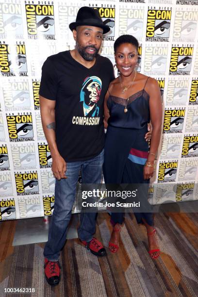 Cress Williams and Christine Adams attend the 'Black Lightning' Press Line during Comic-Con International 2018 at Hilton Bayfront on July 21, 2018 in...