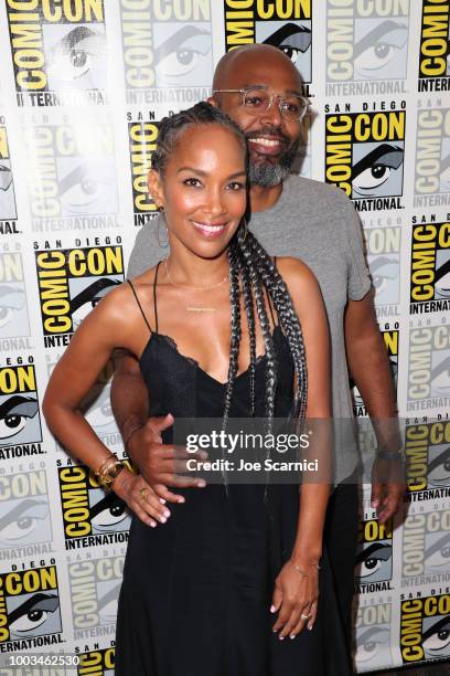 Mara Brock Akil and Salim Akil attend the 'Black Lightning' Press Line during Comic-Con International 2018 at Hilton Bayfront on July 21, 2018 in San...