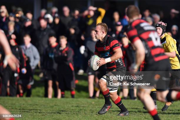 Thomas Christie of Christchurch charges forward during the Hawkins Metro Premier Trophy Semi Final match between Christchurch FC and New Brighton RFC...