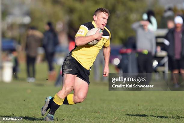 Brett Mather of New Brighton charges forward during the Hawkins Metro Premier Trophy Semi Final match between Christchurch FC and New Brighton RFC on...