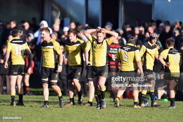 Brett Mather of New Brighton reacts during the Hawkins Metro Premier Trophy Semi Final match between Christchurch FC and New Brighton RFC on July 21,...