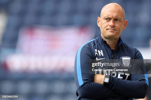 Alex Neil manager of Preston North End during the Pre-Season Friendly between Preston North End and West Ham United at Deepdale on July 21, 2018 in...