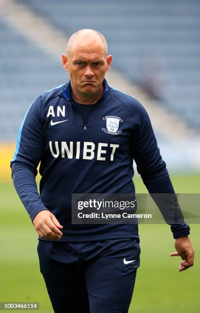 Alex Neil manager of Preston North End during the Pre-Season Friendly between Preston North End and West Ham United at Deepdale on July 21, 2018 in...