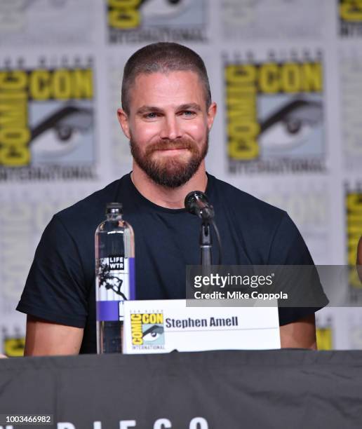 Stephen Amell speaks onstage at the "Arrow" Special Video Presentation and Q&A during Comic-Con International 2018 at San Diego Convention Center on...