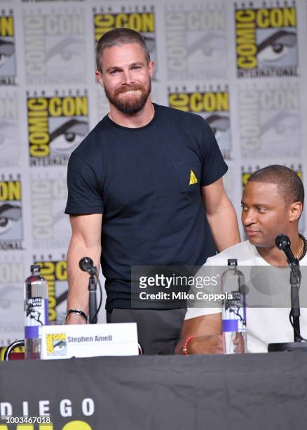 Stephen Amell takes a seat onstage at the "Arrow" Special Video Presentation and Q&A during Comic-Con International 2018 at San Diego Convention...