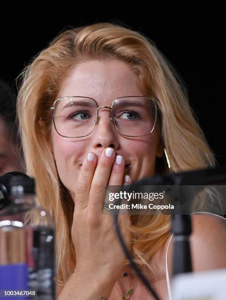 Emily Bett Rickards speaks onstage at the "Arrow" Special Video Presentation and Q&A during Comic-Con International 2018 at San Diego Convention...