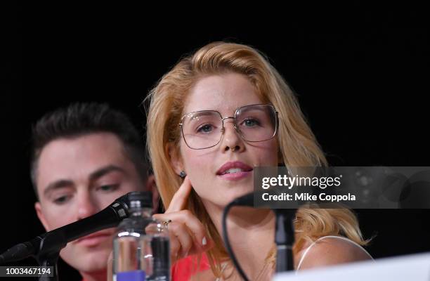 Emily Bett Rickards speaks onstage at the "Arrow" Special Video Presentation and Q&A during Comic-Con International 2018 at San Diego Convention...