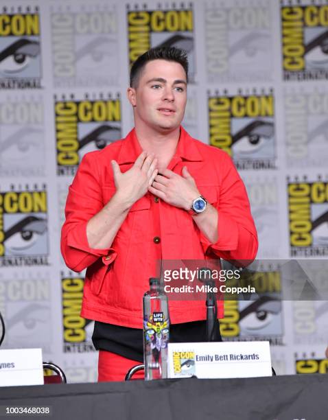 Colton Haynes speaks onstage at the "Arrow" Special Video Presentation and Q&A during Comic-Con International 2018 at San Diego Convention Center on...