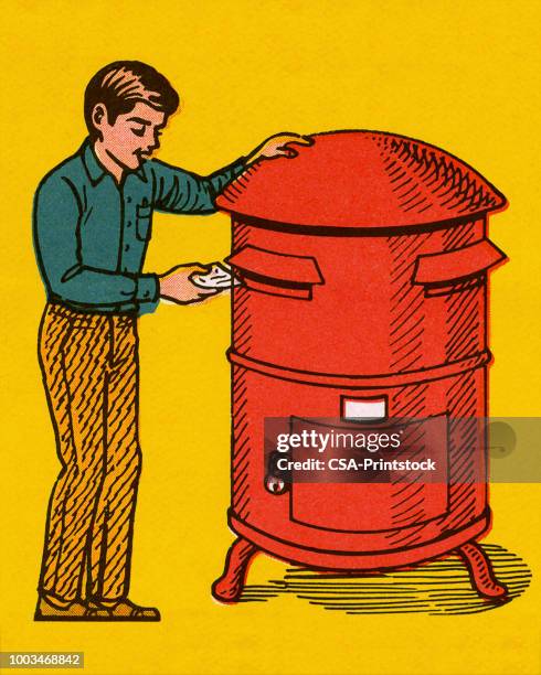man placing envelope in kiosk slot - mailbox stock illustrations