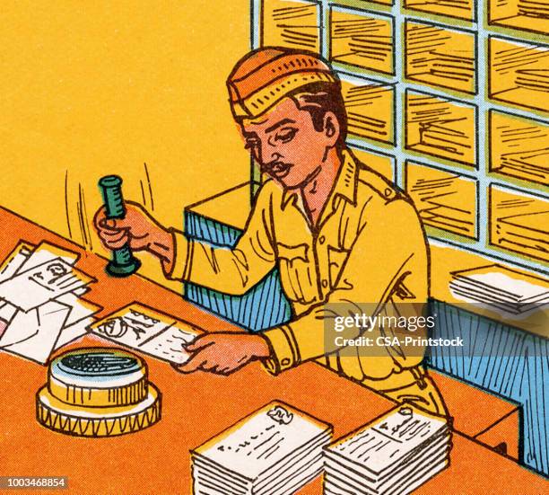 postal worker stamping cards and envelopes - post office stock illustrations