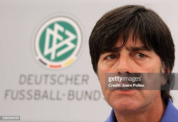 Head coach Joachim Loew of Germany addresses the media during a press conference at Sportzone Rungg on May 23, 2010 in Appiano sulla Strada del Vino,...