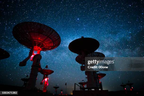 galaxia de la vía láctea sobre el satélite estación receptora - astrophysics fotografías e imágenes de stock