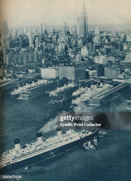 Approaching Her Berth. A striking photgraph of the Cunard White Star liner Berengaria , assisted by tugs, coming into the Cunard pier', 1936. From...