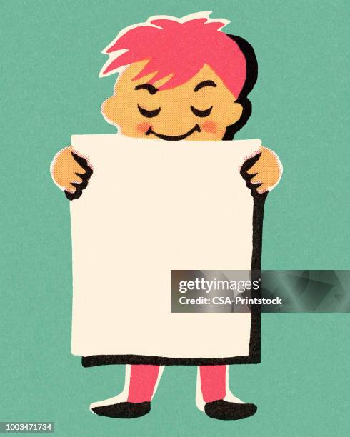 boy holding a poster - kid presenting stock illustrations