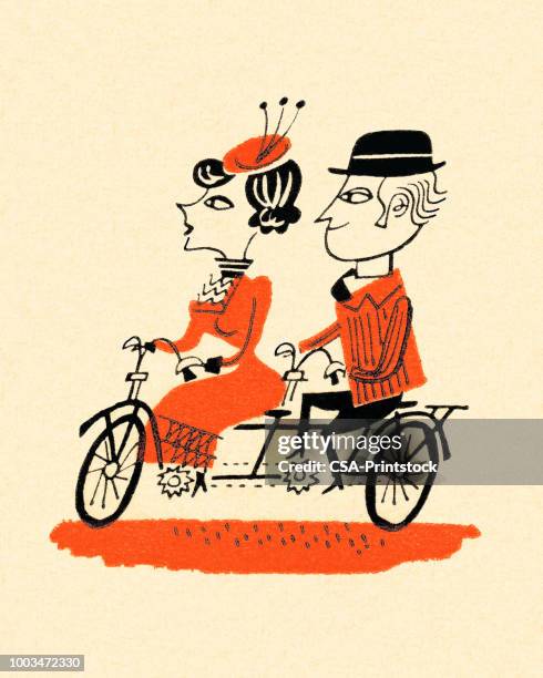 stockillustraties, clipart, cartoons en iconen met paar met een tandem-fiets - tandem positie