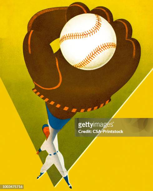 stockillustraties, clipart, cartoons en iconen met vangen van een honkbal honkballer - vangershandschoen