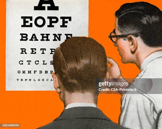 ilustraciones, imágenes clip art, dibujos animados e iconos de stock de optometrista y el paciente en una tabla optométrica - tabla optométrica