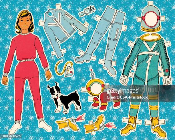 paper doll astronaut und hund - papiergirlanden stock-grafiken, -clipart, -cartoons und -symbole