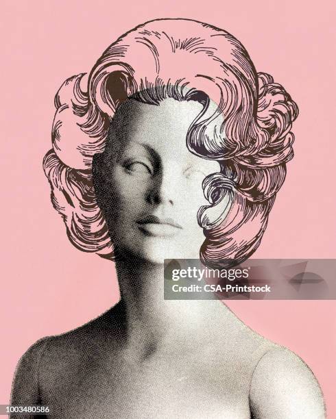 ilustraciones, imágenes clip art, dibujos animados e iconos de stock de maniquí y peluca - peluca