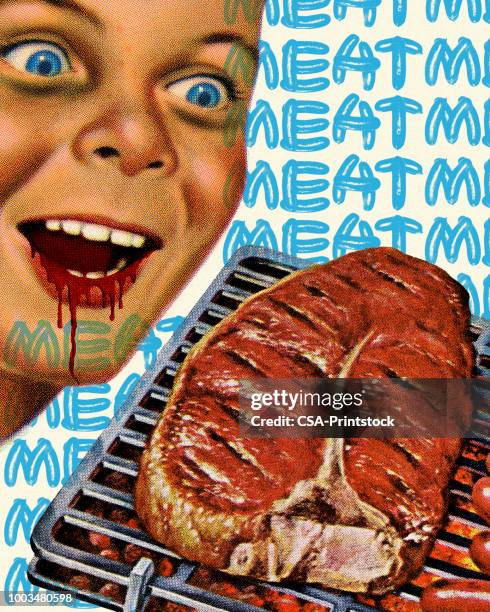 boy drooling blood over a grilled steak - steak grill stock illustrations