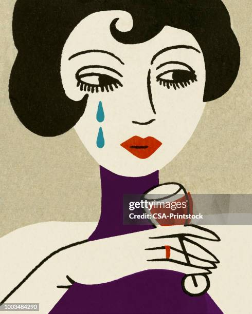 ilustraciones, imágenes clip art, dibujos animados e iconos de stock de triste mujer bebiendo vino - crying