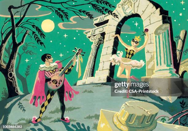 two dancers by and arch at night - ballet performance stock illustrations