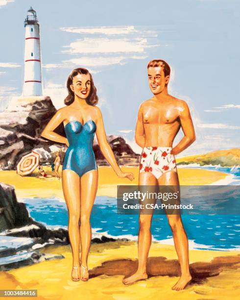 illustrations, cliparts, dessins animés et icônes de couple sur la plage par un phare - homme maillot de bain