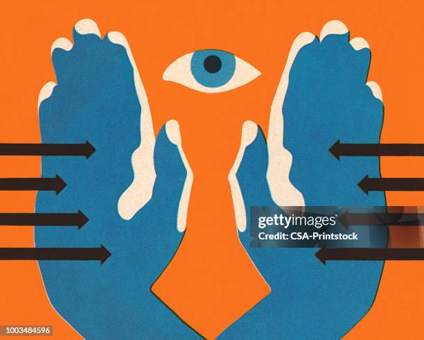 two hands and an eye - sensory perception stock illustrations