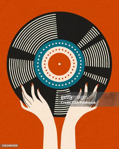 hands holding a vinyl record - record stock illustrations