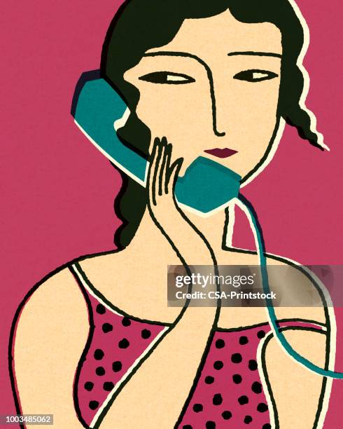illustrazioni stock, clip art, cartoni animati e icone di tendenza di donna che usa un telefono - at a glance