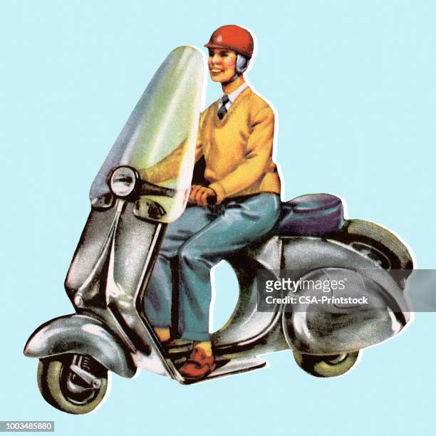 stockillustraties, clipart, cartoons en iconen met man paardrijden scooter - bromfiets