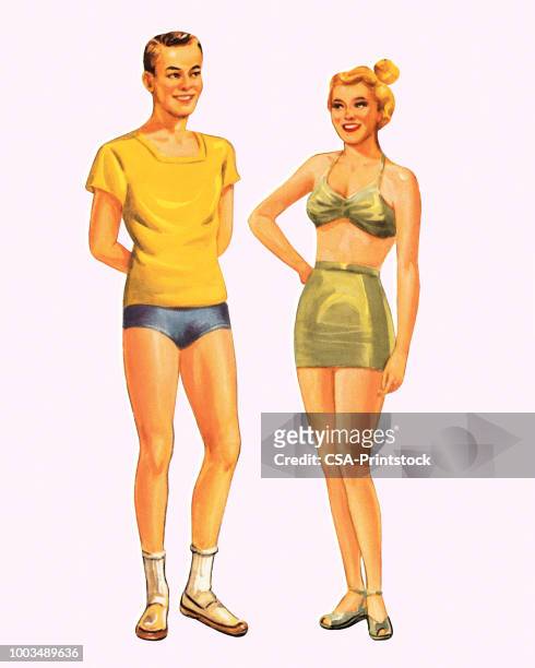 ilustrações de stock, clip art, desenhos animados e ícones de man and woman wearing underwear - sutiã