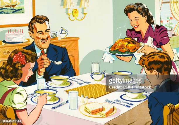 mother serving dinner to her family - banquet stock illustrations