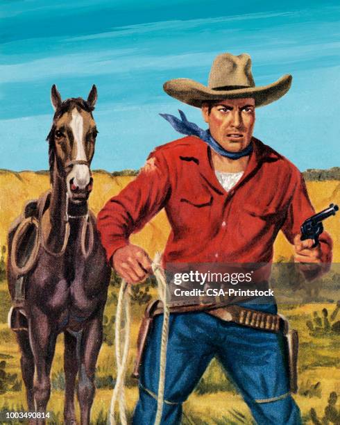 ilustraciones, imágenes clip art, dibujos animados e iconos de stock de caballo y un vaquero - cowboy