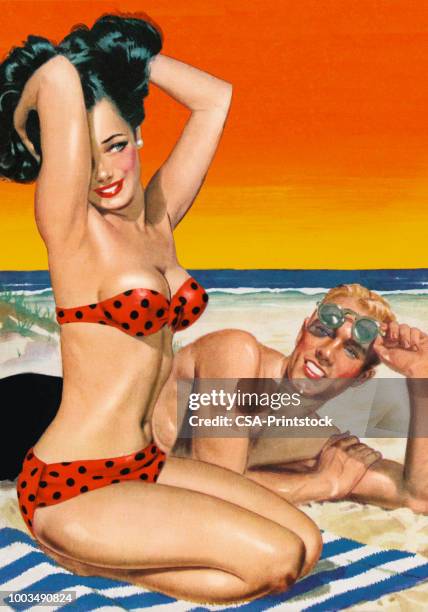 paar am strand - pin up girl stock-grafiken, -clipart, -cartoons und -symbole