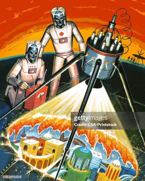 alien spacemen overseeing a village - small town stock illustrations