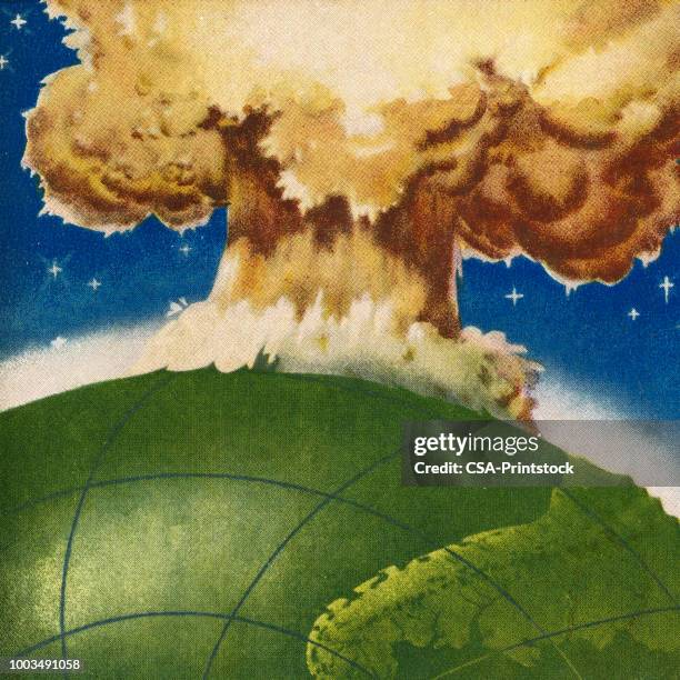 gewaltige explosion auf der erde - nuklearwaffe stock-grafiken, -clipart, -cartoons und -symbole