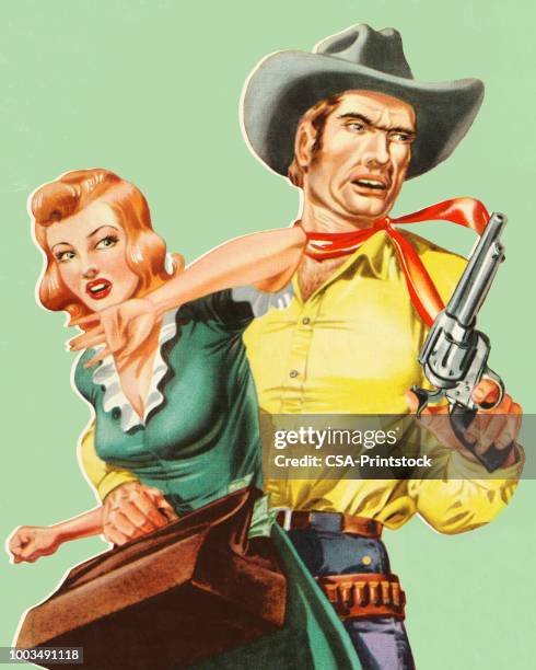 cowboy grabbing a woman - woman with gun stock illustrations