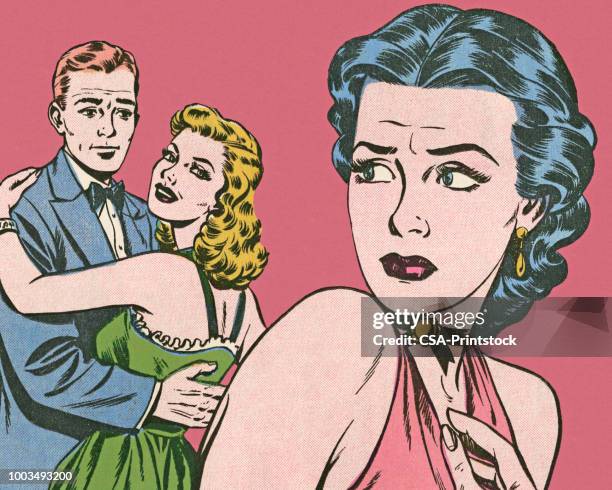 ilustraciones, imágenes clip art, dibujos animados e iconos de stock de pareja mujer abrazando y celoso - problemas de parejas
