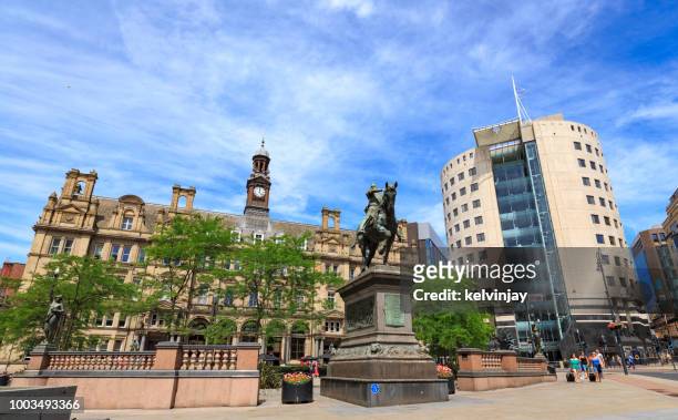 leeds city square,  showing the black prince statue, offices, bars and restaurants - leeds town stock pictures, royalty-free photos & images