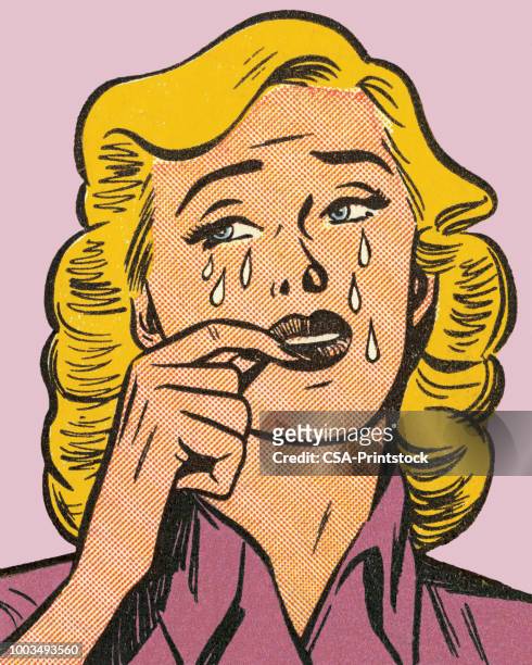 ilustraciones, imágenes clip art, dibujos animados e iconos de stock de mujer rubia llorando - lágrima