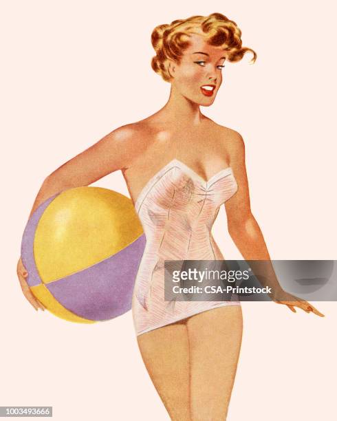 ilustraciones, imágenes clip art, dibujos animados e iconos de stock de mujer en traje de baño sosteniendo una pelota de playa - chicas de calendario