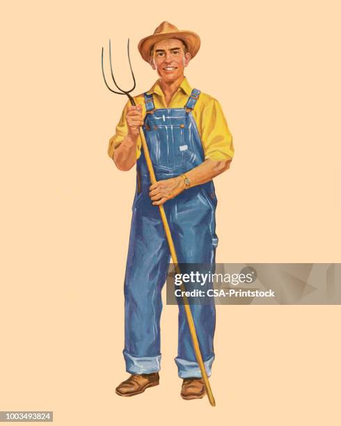 farmer holding a pitchfork - farmer stock illustrations