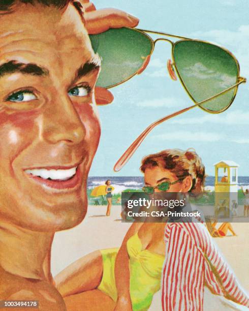 happy couple on the beach - cheerful woman stock illustrations