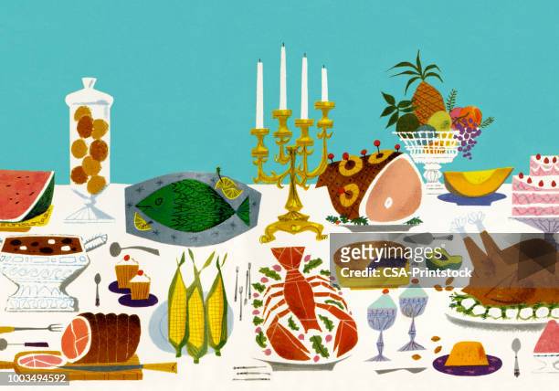 table with platters of food - buffet stock illustrations