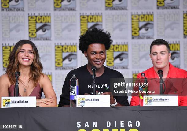 Juliana Harkavy, Echo Kellum and Colton Haynes speak onstage at the "Arrow" Special Video Presentation and Q&A during Comic-Con International 2018 at...