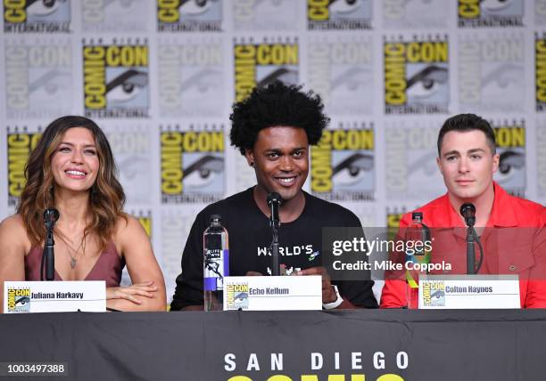 Juliana Harkavy, Echo Kellum and Colton Haynes speak onstage at the "Arrow" Special Video Presentation and Q&A during Comic-Con International 2018 at...