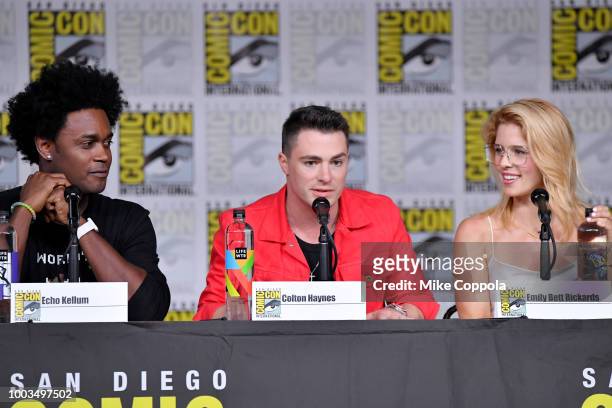 Echo Kellum, Colton Haynes and Emily Bett Rickards speak onstage at the "Arrow" Special Video Presentation and Q&A during Comic-Con International...