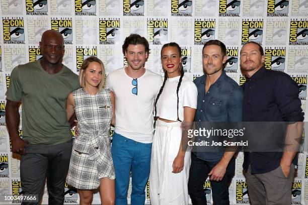 Peter Mensah, Arielle Kebbel, Francois Arnaud, Parisa Fitz-Henley, Dylan Bruce and Jason Lewis attend the 'Midnight Texas' Press Line during...